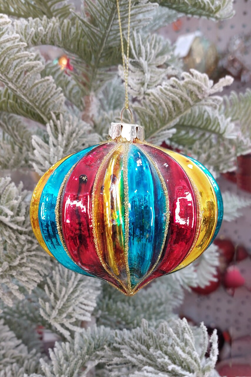 Multicolor Striped Glass Ball Christmas Ornament Wizardi F07M10-2